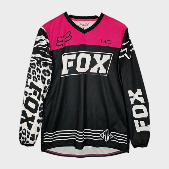 Fox Tops - Fox Womens L Motocross Racing Jersey Pink Leopard Long Sleeve Y2K Moto Shirt Top